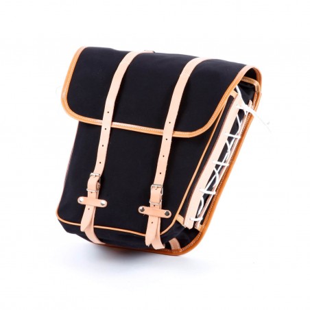 klassische Randonneur Lowrider Rückentasche schwarz Baumwolle Leinwand vegtan Naturleder