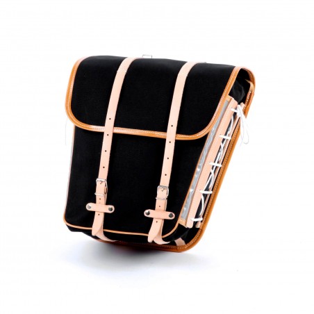 Sacoches latérales randonnée surbaissées  Berthoud toile coton noir cuir végétal naturel