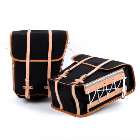 Sacoches latérales randonnée surbaissées  Berthoud toile coton noir cuir végétal naturel