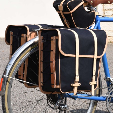 GB367 Packtaschen-Set mit Lederriemen und Federbefestigung - Schwarz/Natur