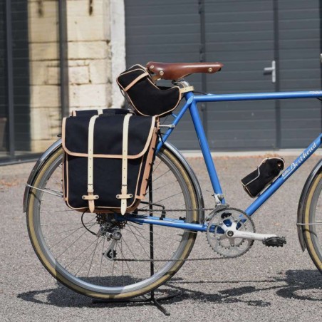 GB367 Packtaschen-Set mit Lederriemen und Federbefestigung - Schwarz/Natur