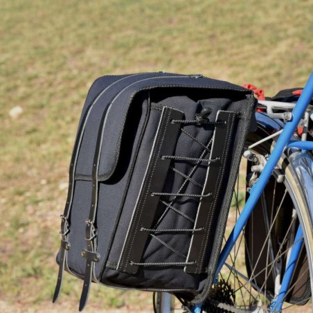 Lavprofilerede sidetasker til vandrere Berthoud sort bomuldscanvas sort indfarvet vegetabilsk læder